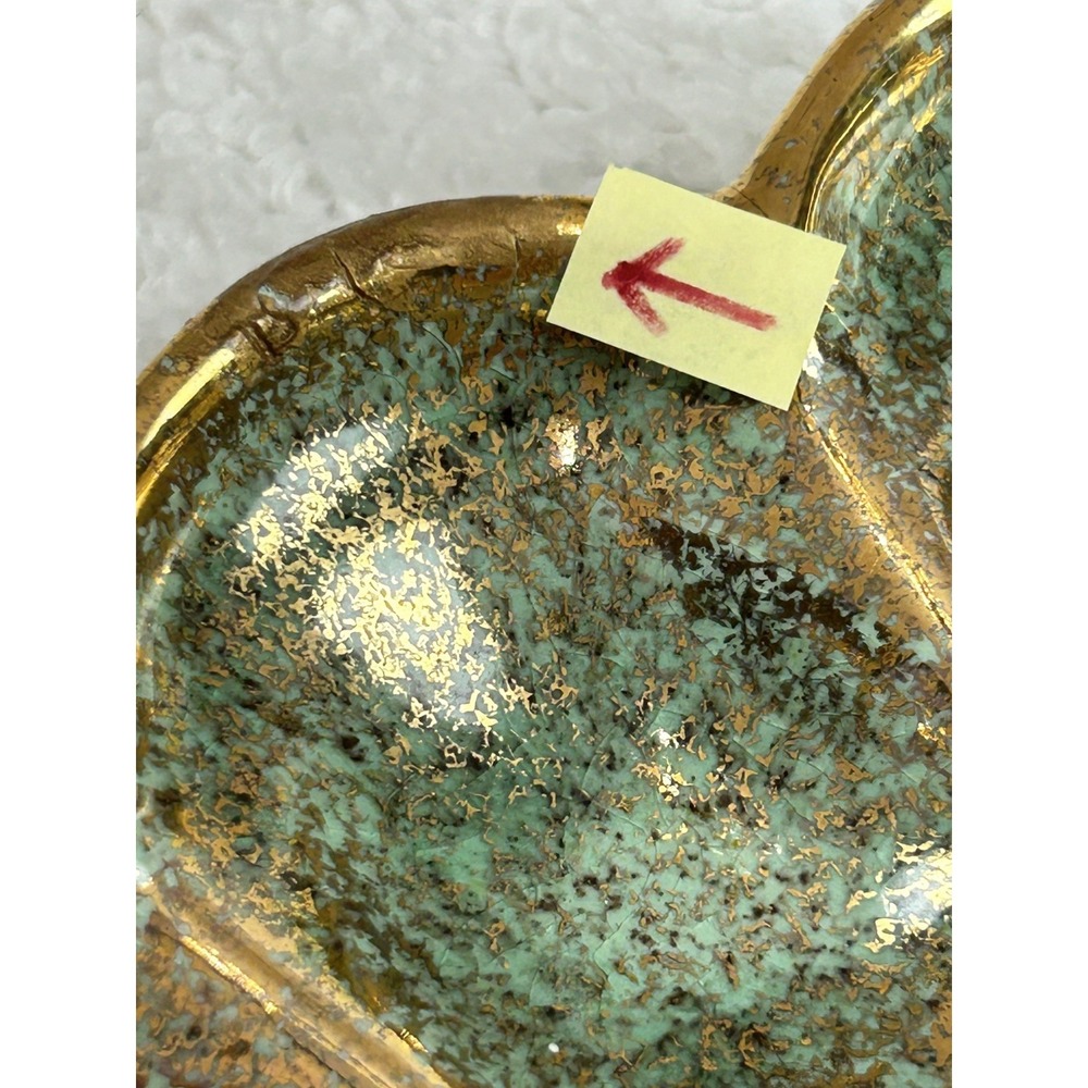 Vtg California Original Pottery 703 Egg Dish Green w/Gold Splatter Leaf **READ** - Picture 9 of 11
